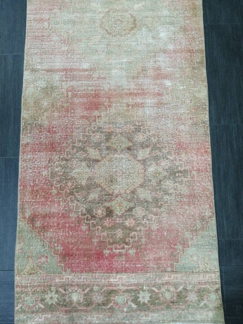 Beige Turkish Distressed Runner Rug 2' 9" x 11' 3" Hand-Knotted | No. WR73587