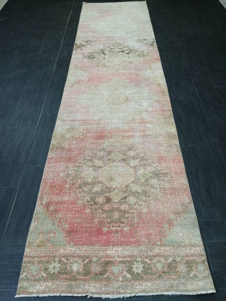 Beige Turkish Distressed Runner Rug 2' 9" x 11' 3" Hand-Knotted | No. WR73587