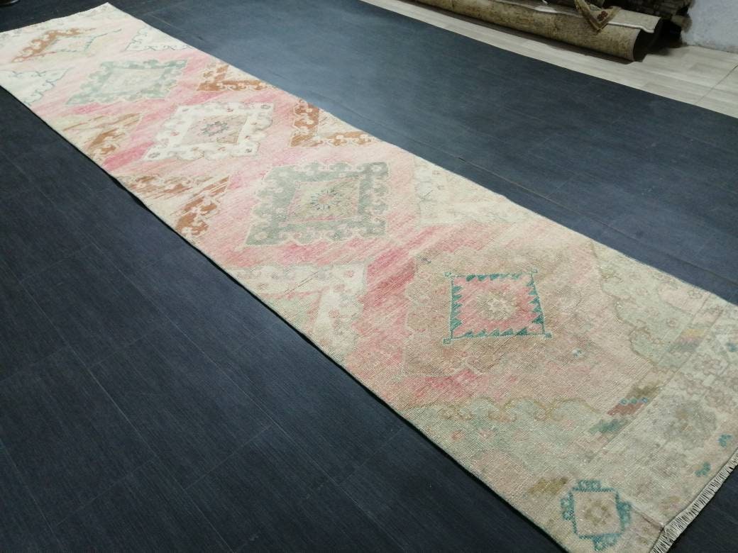 Beige Turkish Runner Rug 2' 11" x 13' 3" Hand-Knotted reverse