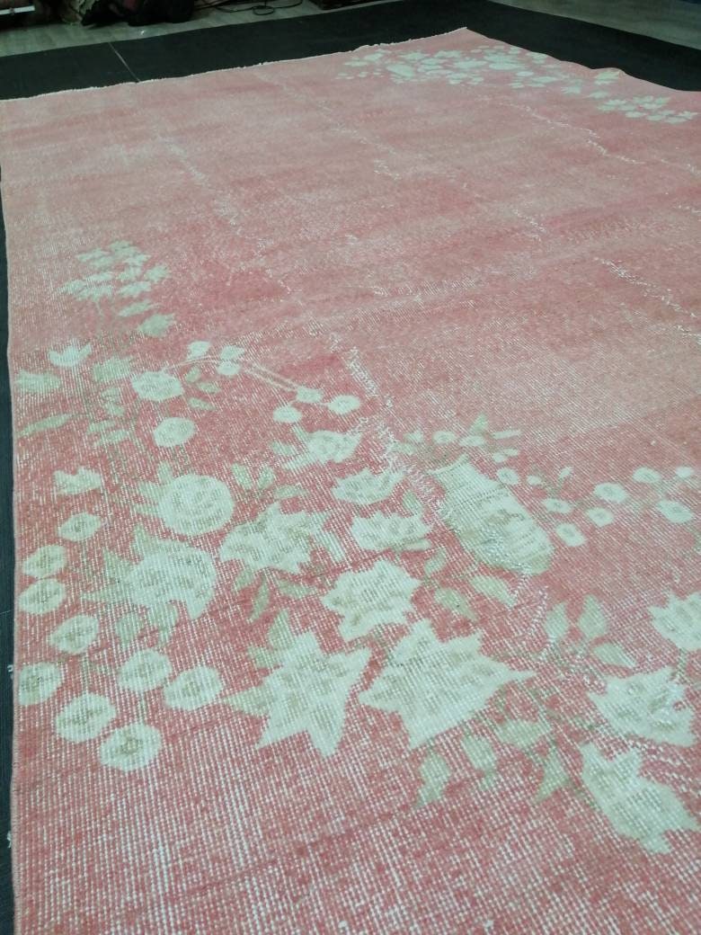 Pink Turkish Oushak Rug 6' 7" x 10' 7" Hand-Knotted field