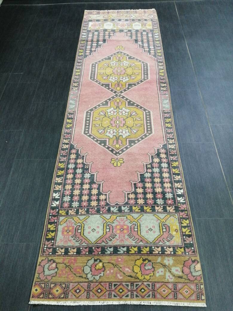 Pink Turkish Runner Rug 2' 5" x 8' 9" Hand-Knotted detail