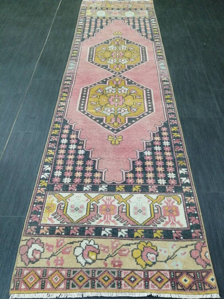 Pink Turkish Runner Rug 2' 5" x 8' 9" Hand-Knotted texture