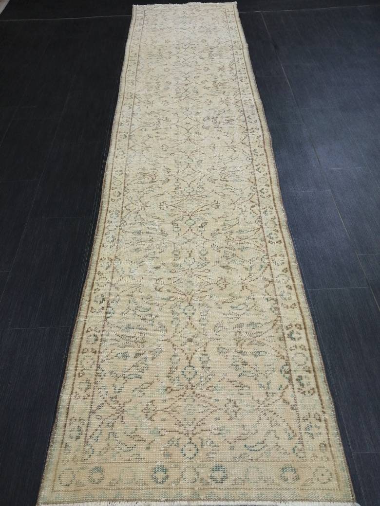 Tan Turkish Runner Rug 2' 5" x 10' 9" Hand-Knotted texture