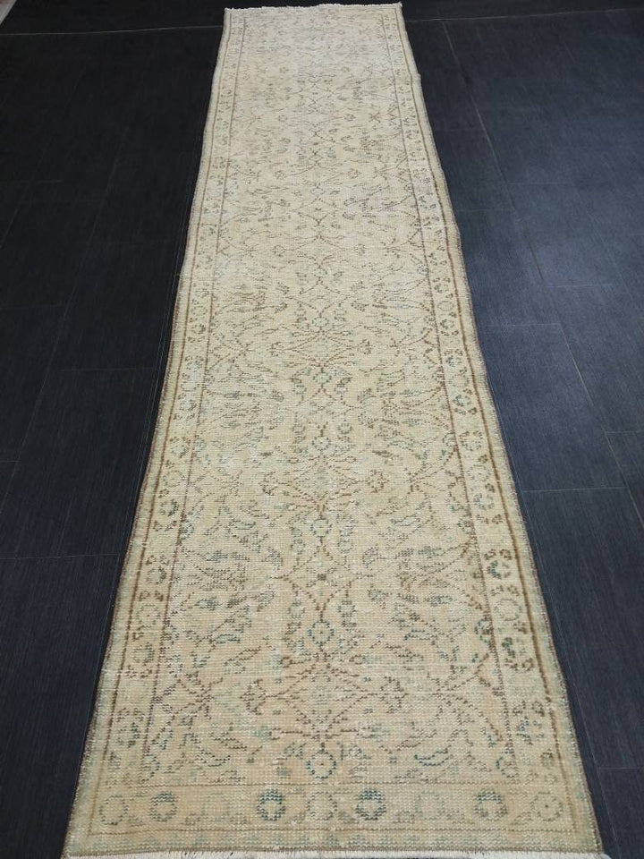 Tan Turkish Runner Rug 2' 5" x 10' 9" Hand-Knotted texture