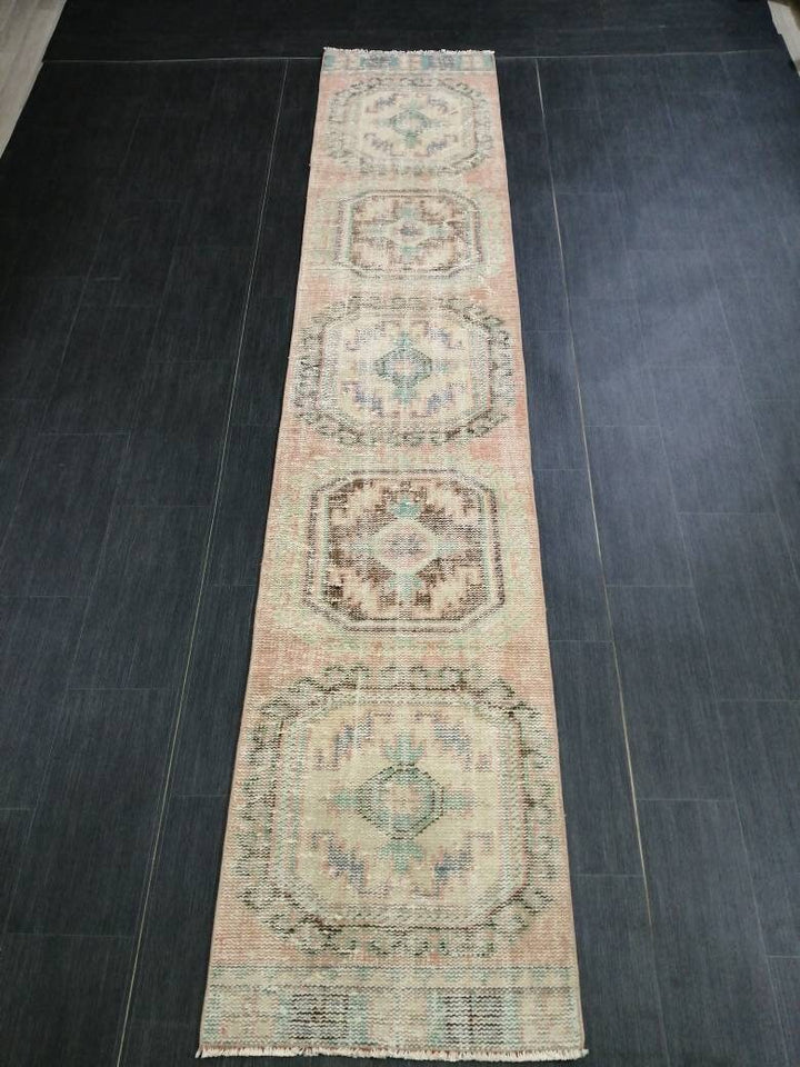 Beige Turkish Runner Rug 2' 2" x 10' 11" Hand-Knotted close-up
