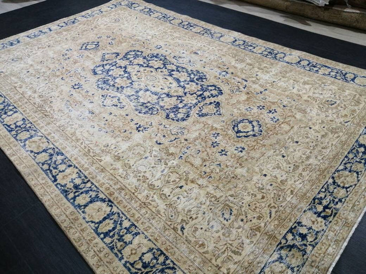 Blue Turkish Runner Rug 7' x 10' 2" Hand-Knotted | No. WR28493