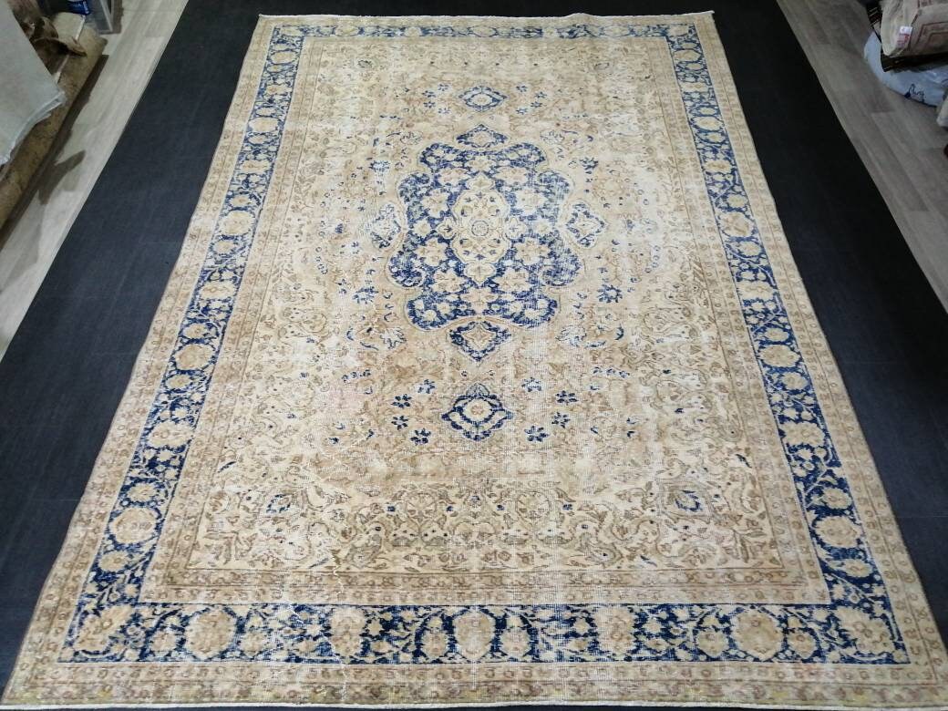 Blue Turkish Runner Rug 7' x 10' 2" Hand-Knotted | No. WR28493