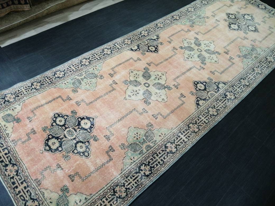 Navy Turkish Runner Rug 4' 9" x 13' 3" Hand-Knotted border