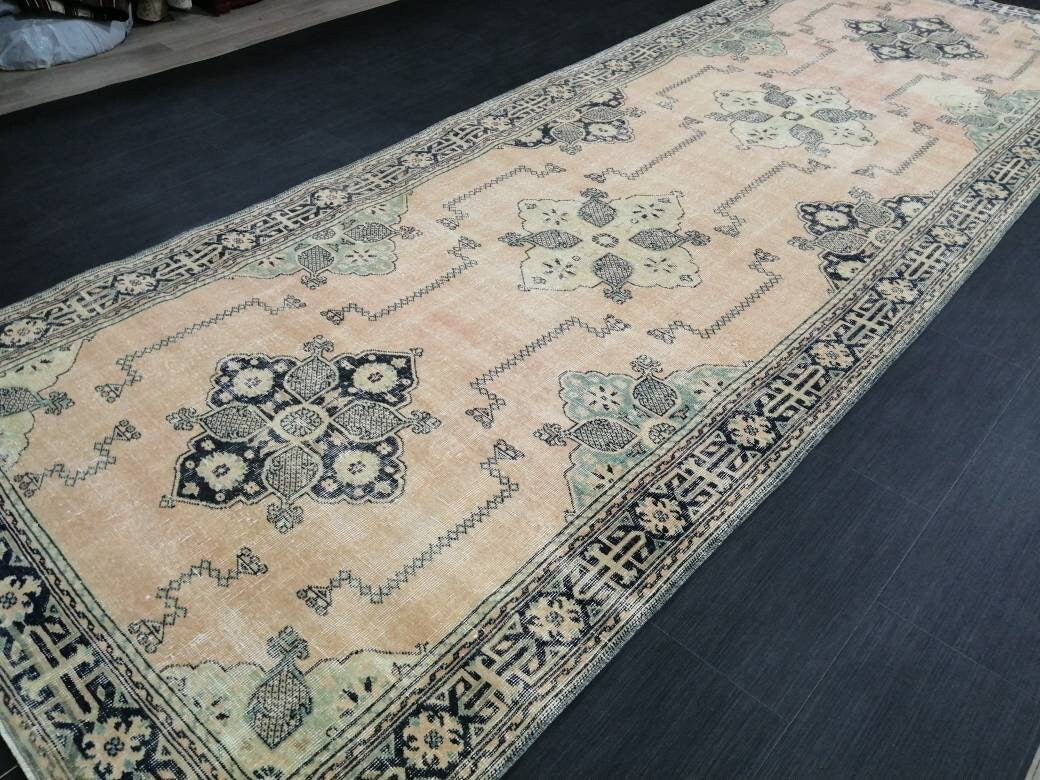 Navy Turkish Runner Rug 4' 9" x 13' 1" Hand-Knotted close-up