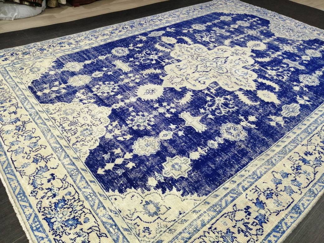 Blue Turkish Vintage Rug 7' 5" x 10' 9" Hand-Knotted | No. WR20996
