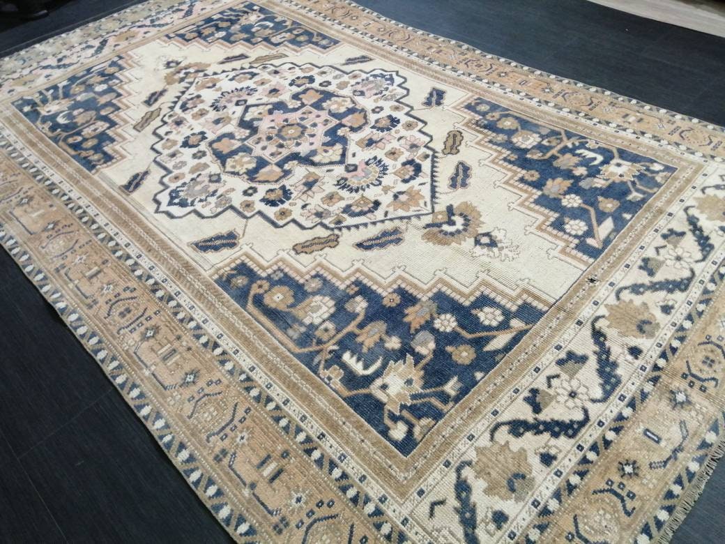 Navy Turkish Oushak Rug 5' 6" x 9' 1" Hand-Knotted