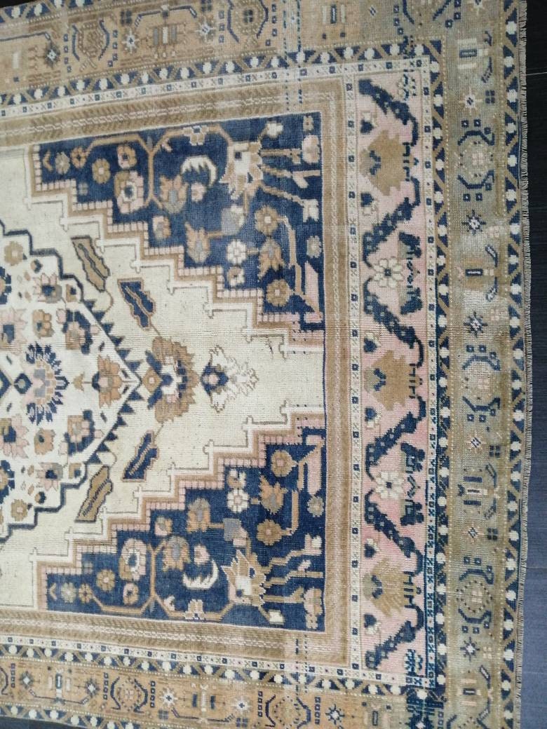 Navy Turkish Oushak Rug 5' 6" x 9' 1" Hand-Knotted pattern