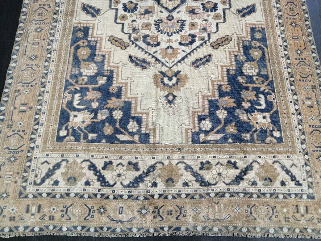 Navy Turkish Oushak Rug 5' 6" x 9' 1" Hand-Knotted reverse