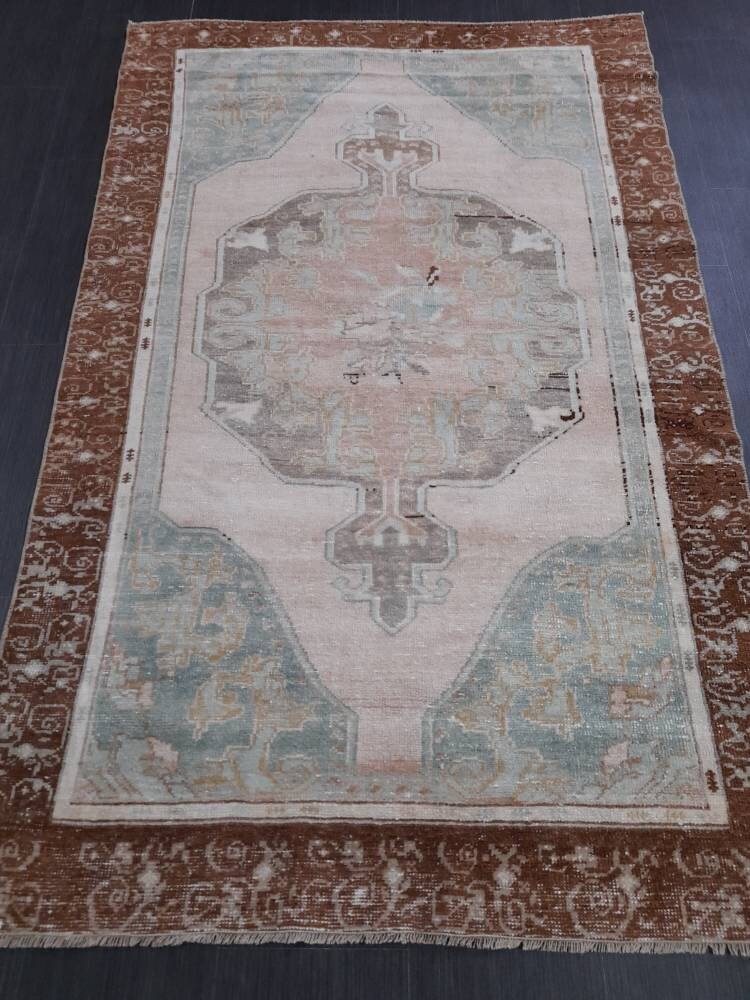 Beige Turkish Runner Rug 4' x 6' 5" Hand-Knotted reverse
