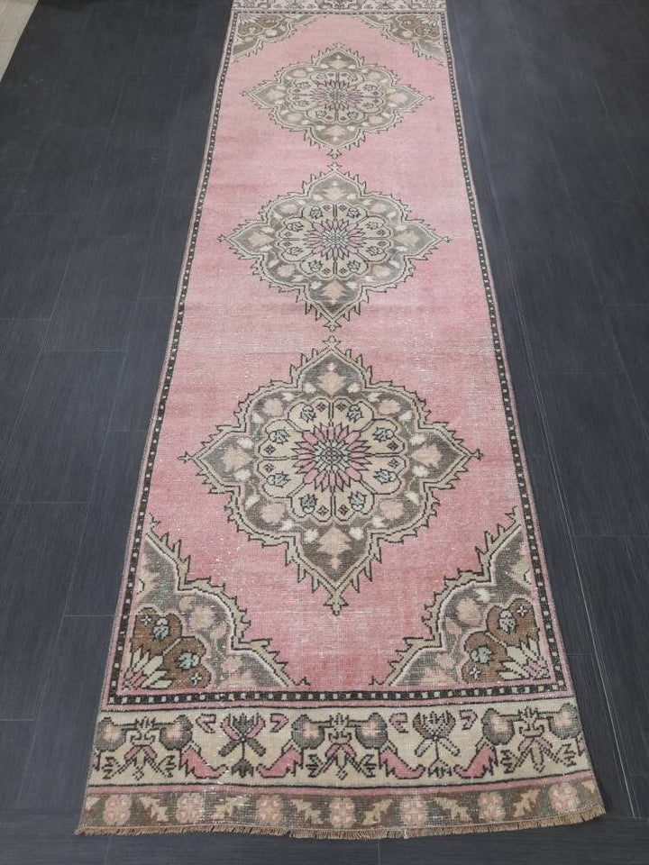 Pink Turkish Runner Rug 3' 3" x 11' 2" Hand-Knotted field