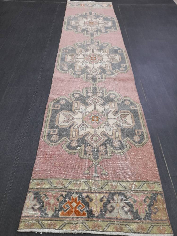 Pink Turkish Runner Rug 2' 7" x 10' 7" Hand-Knotted detail