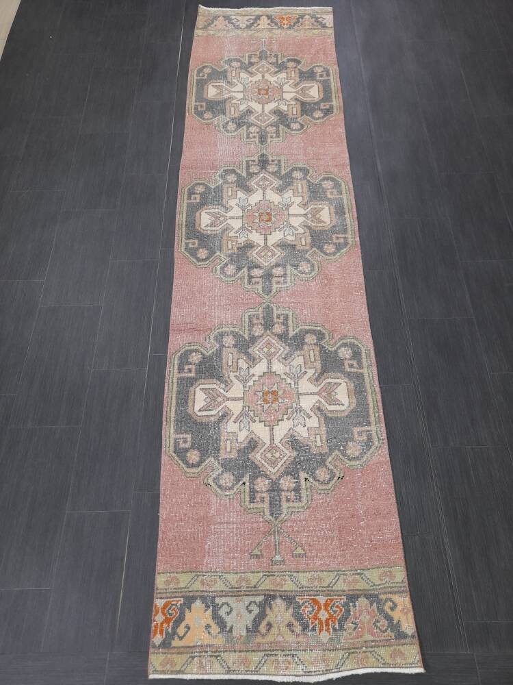 Pink Turkish Runner Rug 2' 7" x 10' 7" Hand-Knotted close-up