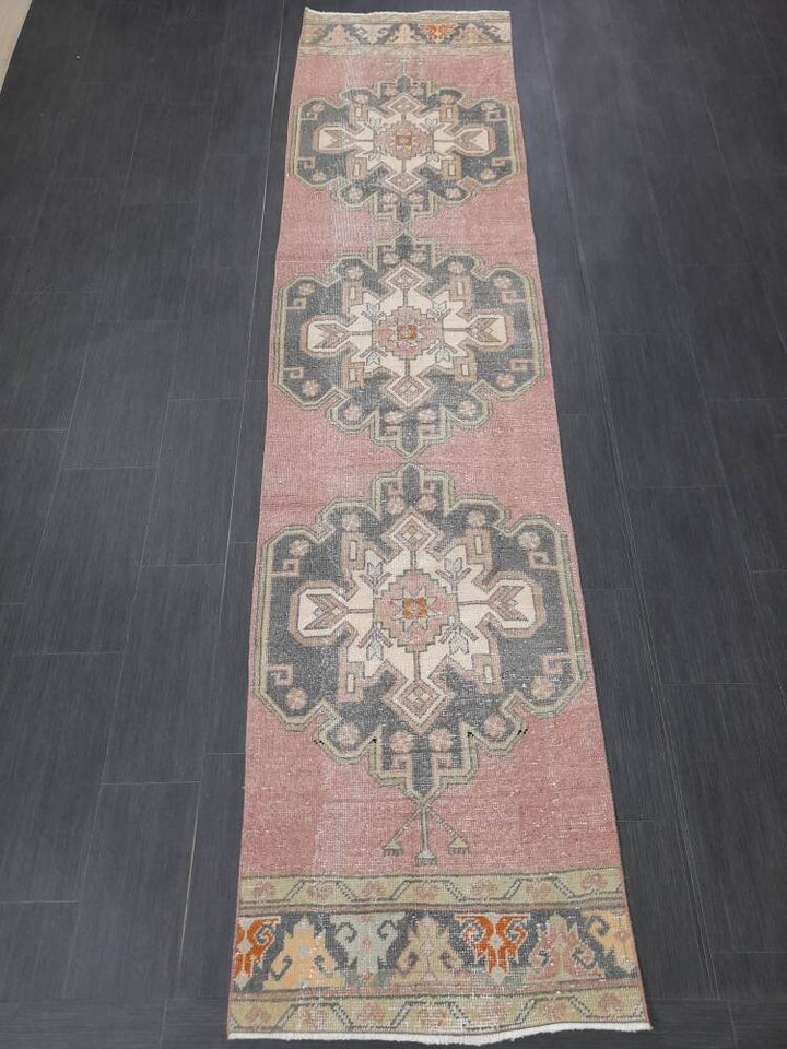 Pink Turkish Runner Rug 2' 7" x 10' 7" Hand-Knotted close-up