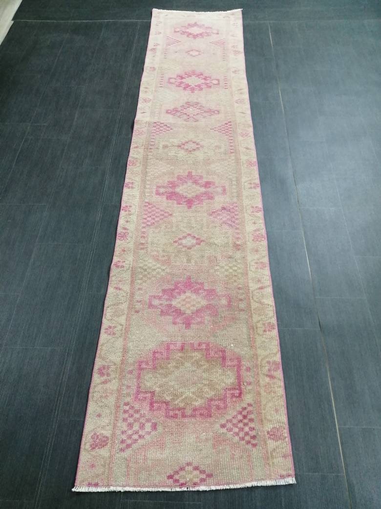 Pink Turkish Runner Rug 2' 3" x 10' 5" Hand-Knotted detail