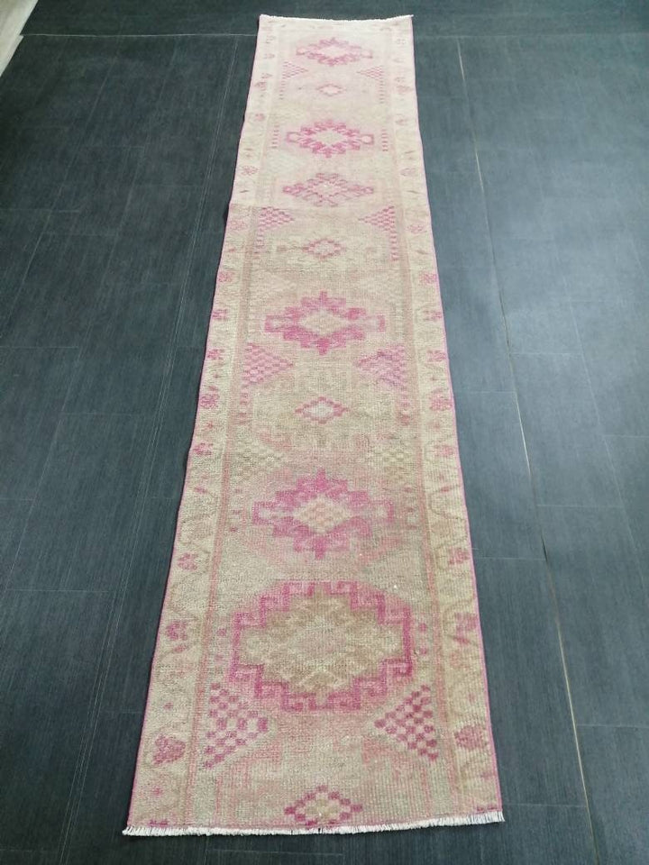 Pink Turkish Runner Rug 2' 3" x 10' 5" Hand-Knotted detail