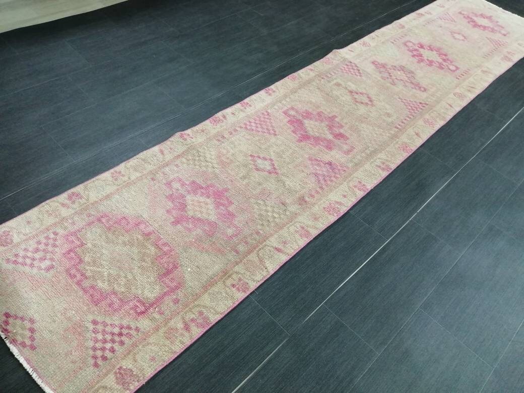 Pink Turkish Runner Rug 2' 3" x 10' 5" Hand-Knotted reverse