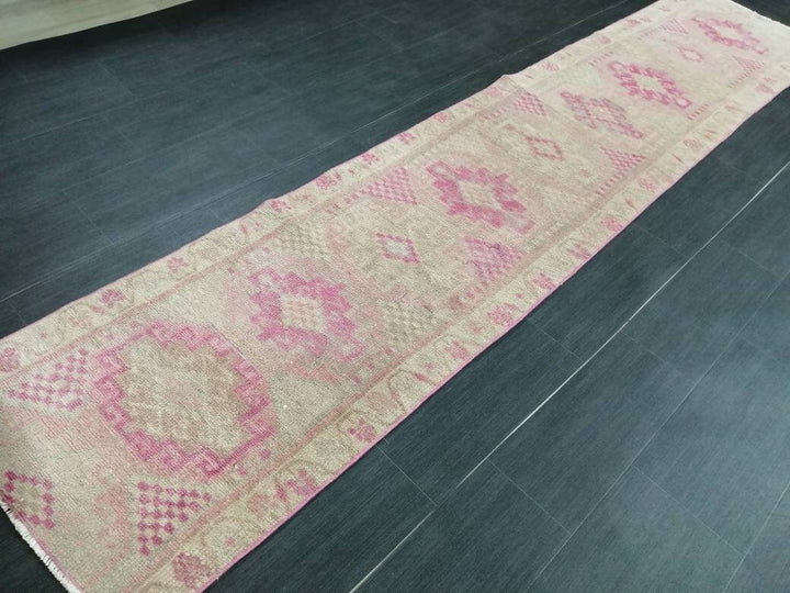 Pink Turkish Runner Rug 2' 3" x 10' 5" Hand-Knotted reverse