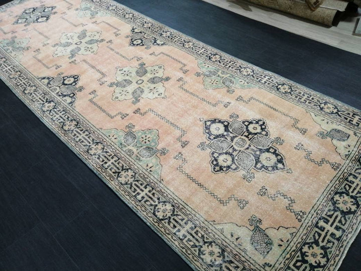 Navy Turkish Runner Rug 4' 9" x 13' 3" Hand-Knotted field