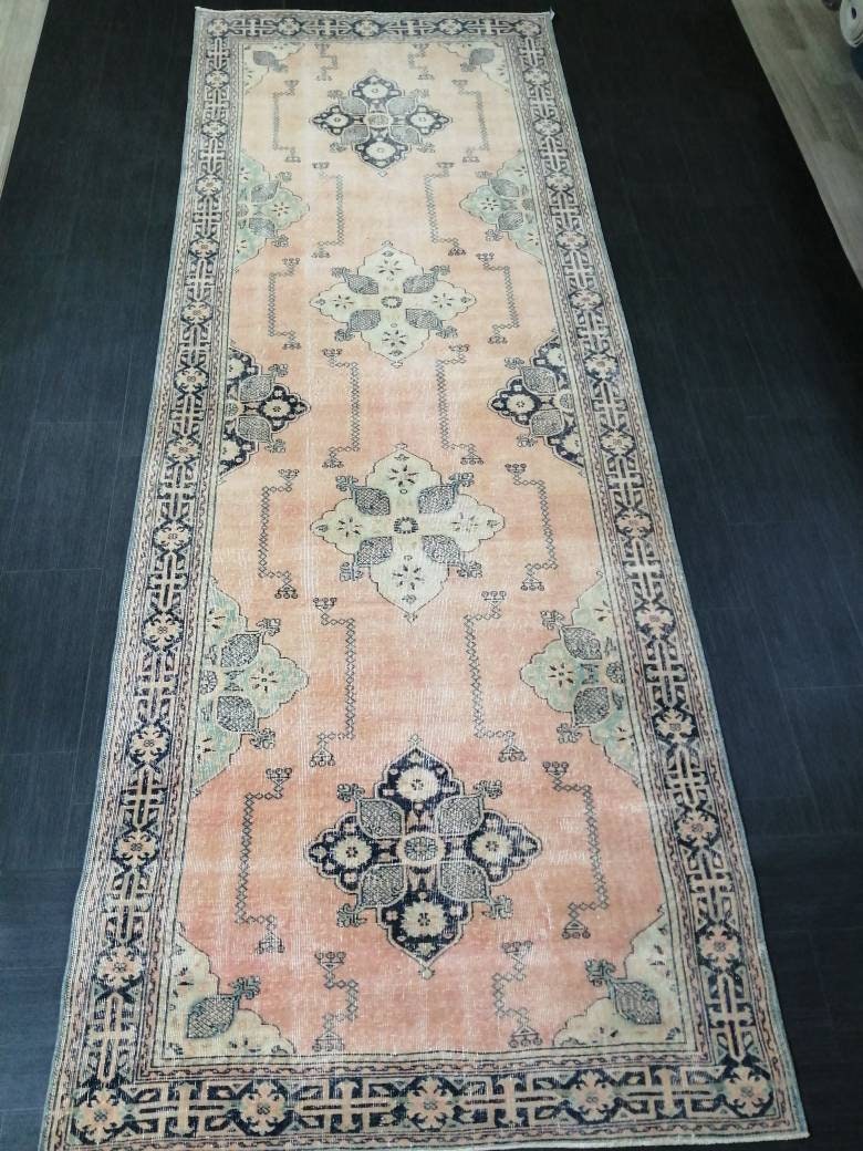 Navy Turkish Runner Rug 4' 9" x 13' 3" Hand-Knotted reverse