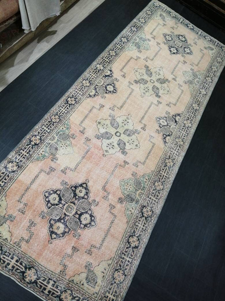 Navy Turkish Runner Rug 4' 9" x 13' 1" Hand-Knotted field