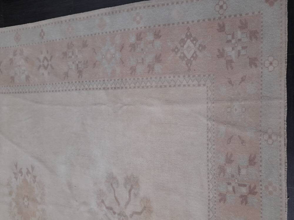 Beige Turkish Runner Rug 6' 10" x 8' 9" Hand-Knotted reverse