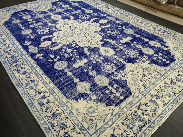 Blue Turkish Vintage Rug 7' 5" x 10' 9" Hand-Knotted | No. WR20996