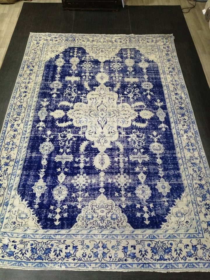 Blue Turkish Vintage Rug 7' 5" x 10' 9" Hand-Knotted | No. WR20996