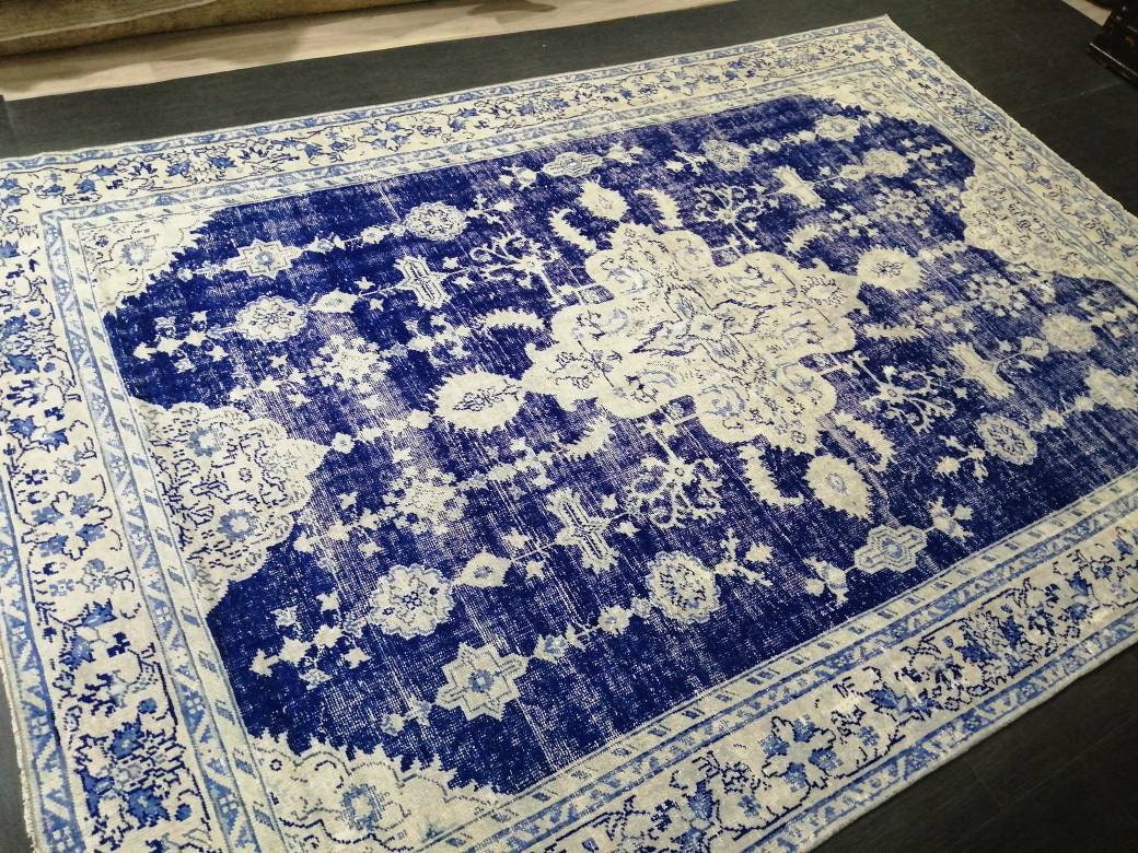 Blue Turkish Vintage Rug 7' 5" x 10' 9" Hand-Knotted | No. WR20996