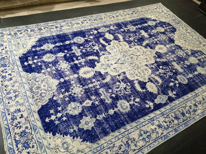 Blue Turkish Vintage Rug 7' 5" x 10' 9" Hand-Knotted | No. WR20996