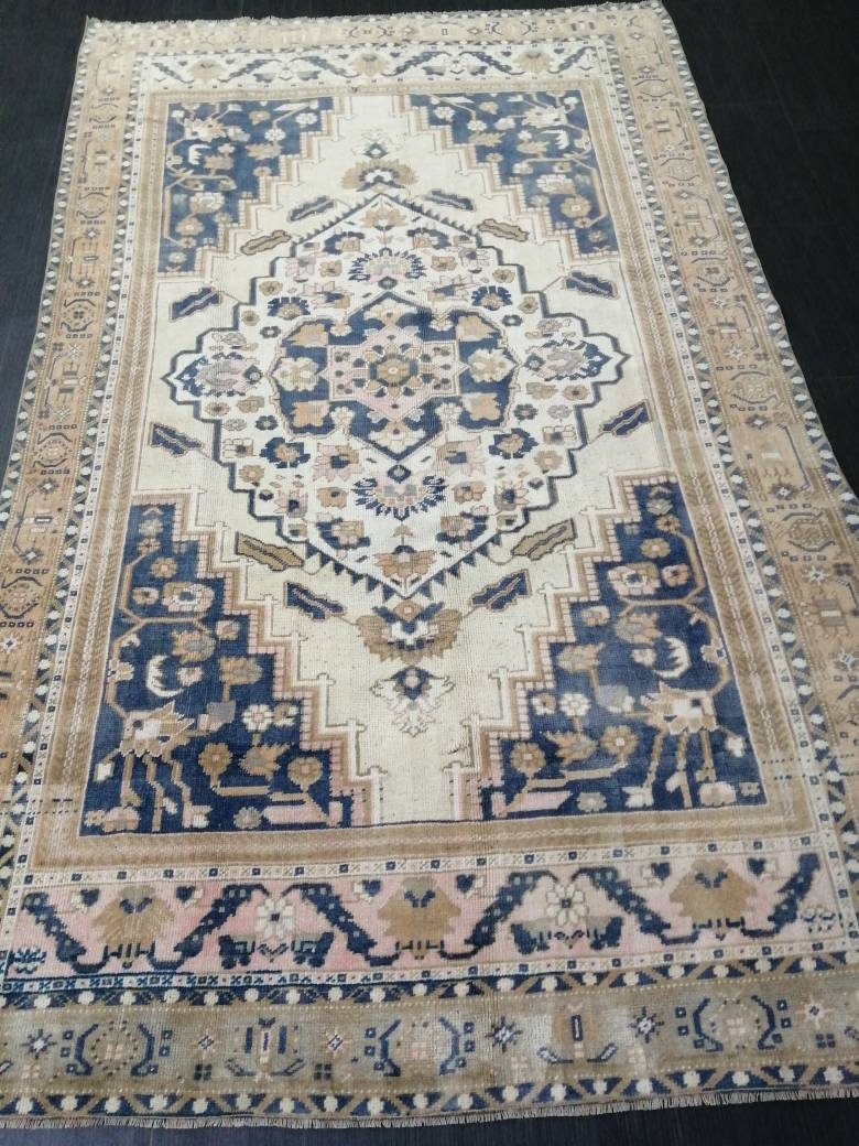 Navy Turkish Oushak Rug 5' 6" x 9' 1" Hand-Knotted field