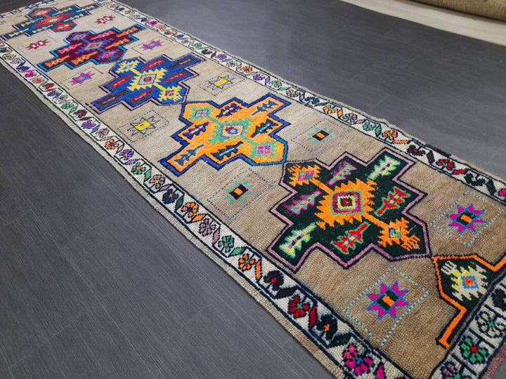 Beige Turkish Runner Rug 3' x 10' 10" Hand-Knotted pattern