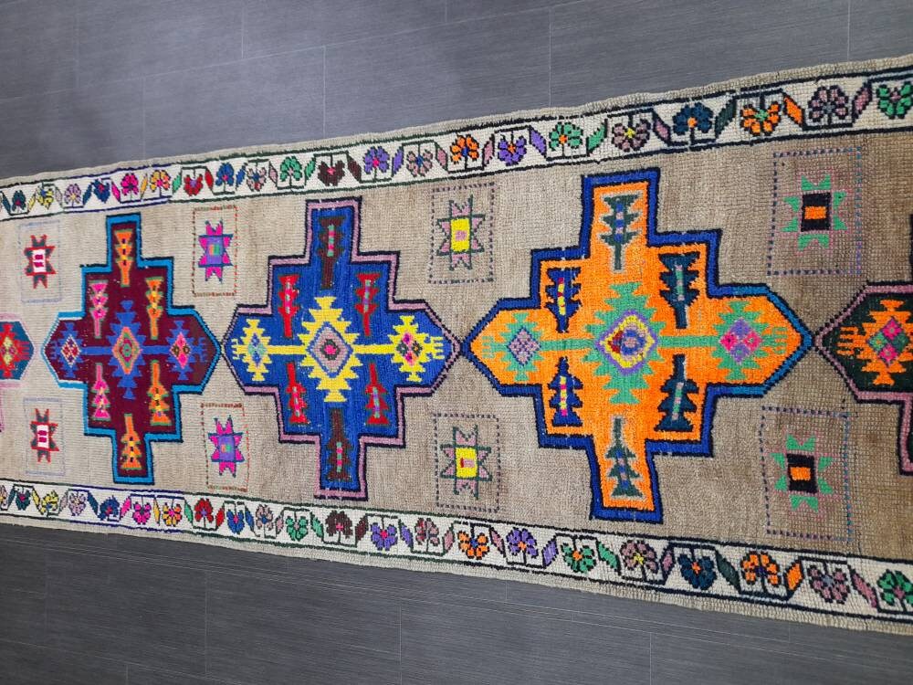 Beige Turkish Runner Rug 3' x 10' 10" Hand-Knotted field