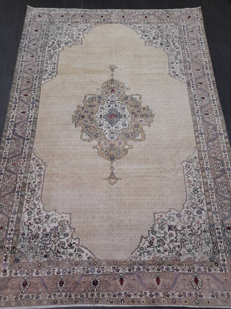 Beige Turkish Runner Rug 6' 4" x 9' 2" Hand-Knotted reverse