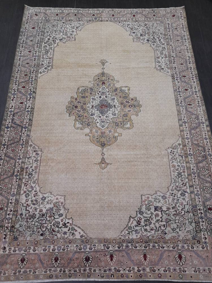 Beige Turkish Runner Rug 6' 4" x 9' 2" Hand-Knotted reverse