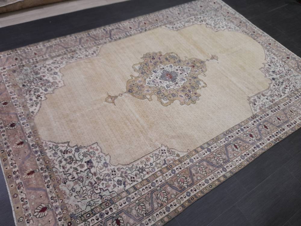 Beige Turkish Runner Rug 6' 4" x 9' 2" Hand-Knotted