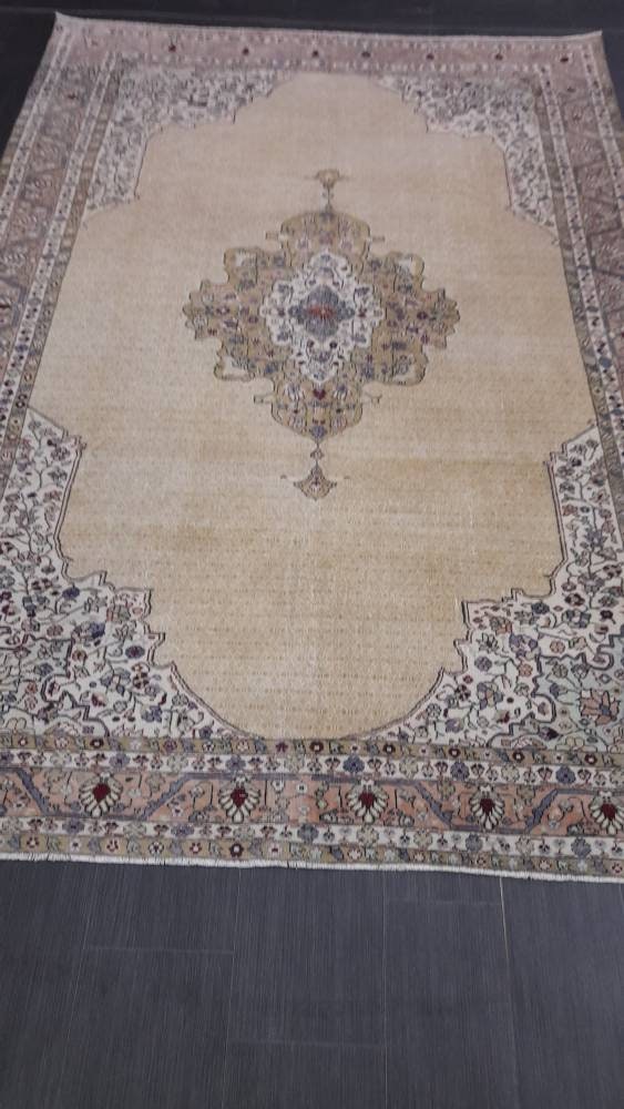 Beige Turkish Runner Rug 6' 4" x 9' 2" Hand-Knotted close-up