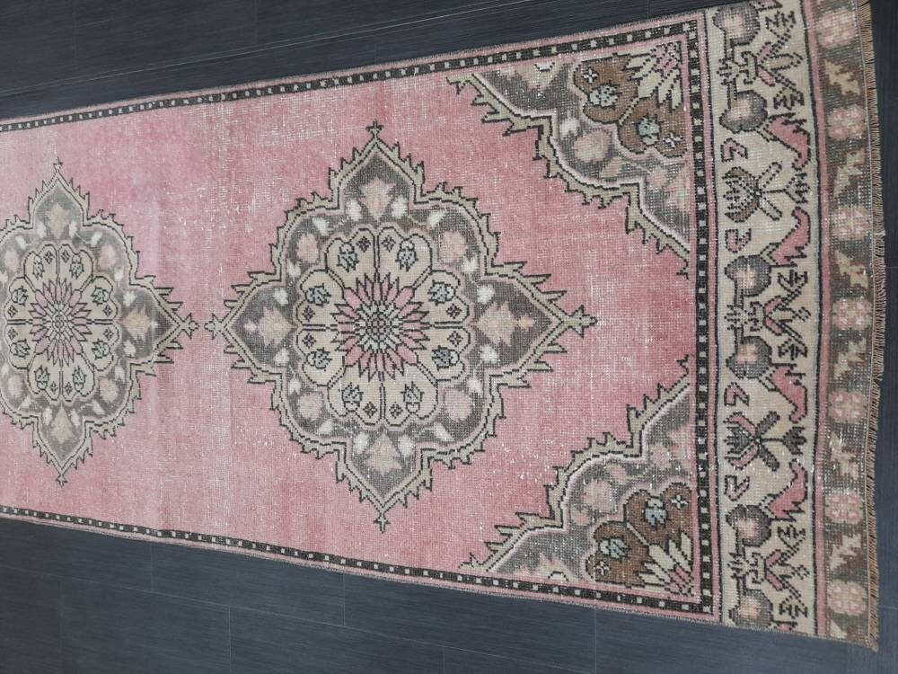 Pink Turkish Runner Rug 3' 3" x 11' 2" Hand-Knotted border
