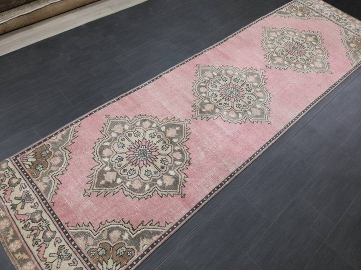 Pink Turkish Runner Rug 3' 3" x 11' 2" Hand-Knotted detail