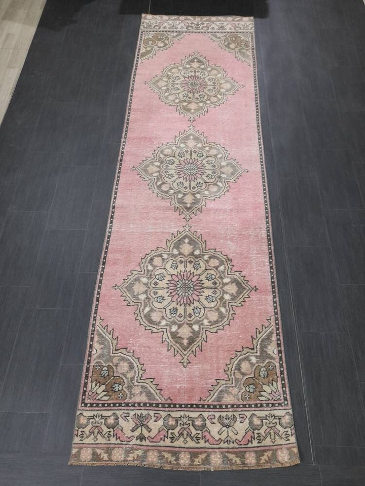 Pink Turkish Runner Rug 3' 3" x 11' 2" Hand-Knotted close-up