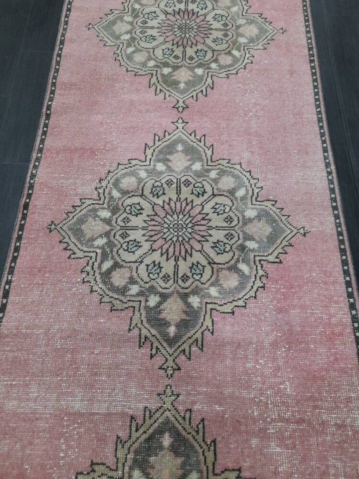 Pink Turkish Runner Rug 3' 3" x 11' 2" Hand-Knotted texture