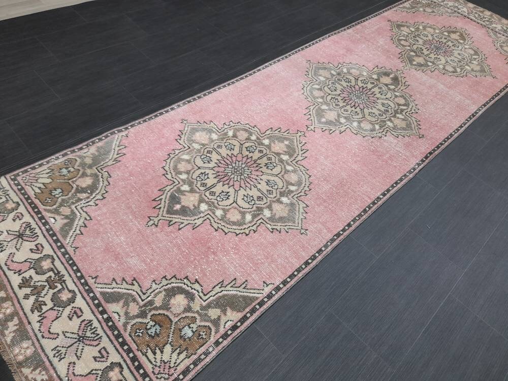 Pink Turkish Runner Rug 3' 3" x 11' 2" Hand-Knotted reverse
