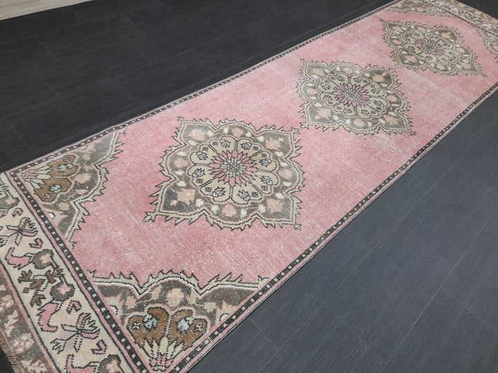 Pink Turkish Runner Rug 3' 3" x 11' 2" Hand-Knotted reverse