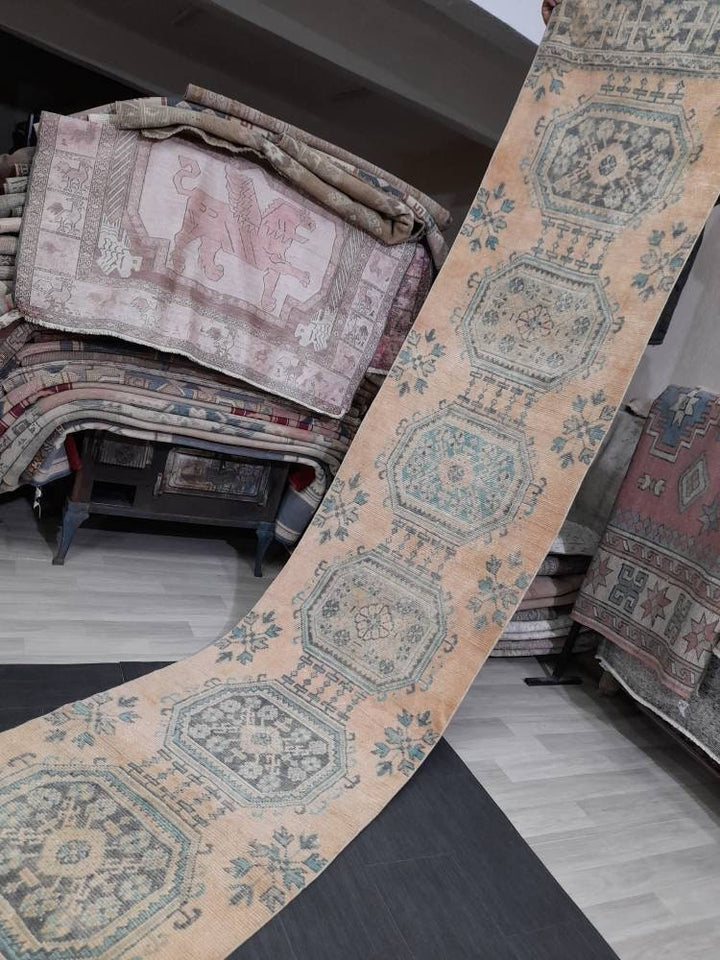 Beige Turkish Runner Rug 2' 4" x 18' 9" Hand-Knotted texture