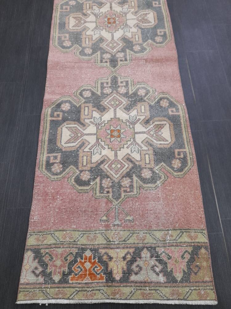 Pink Turkish Runner Rug 2' 7" x 10' 7" Hand-Knotted reverse