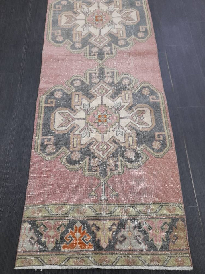 Pink Turkish Runner Rug 2' 7" x 10' 7" Hand-Knotted reverse
